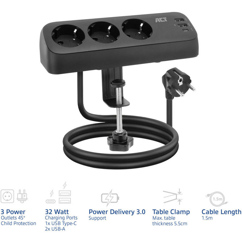 Chargez l'image dans la visionneuse de la galerie, Act connectivity act stekkerdoos met 3 type-f stopcontacten, 30w power delivery, usb type-c a poorten, kabellengte 1,5 meter ac2480