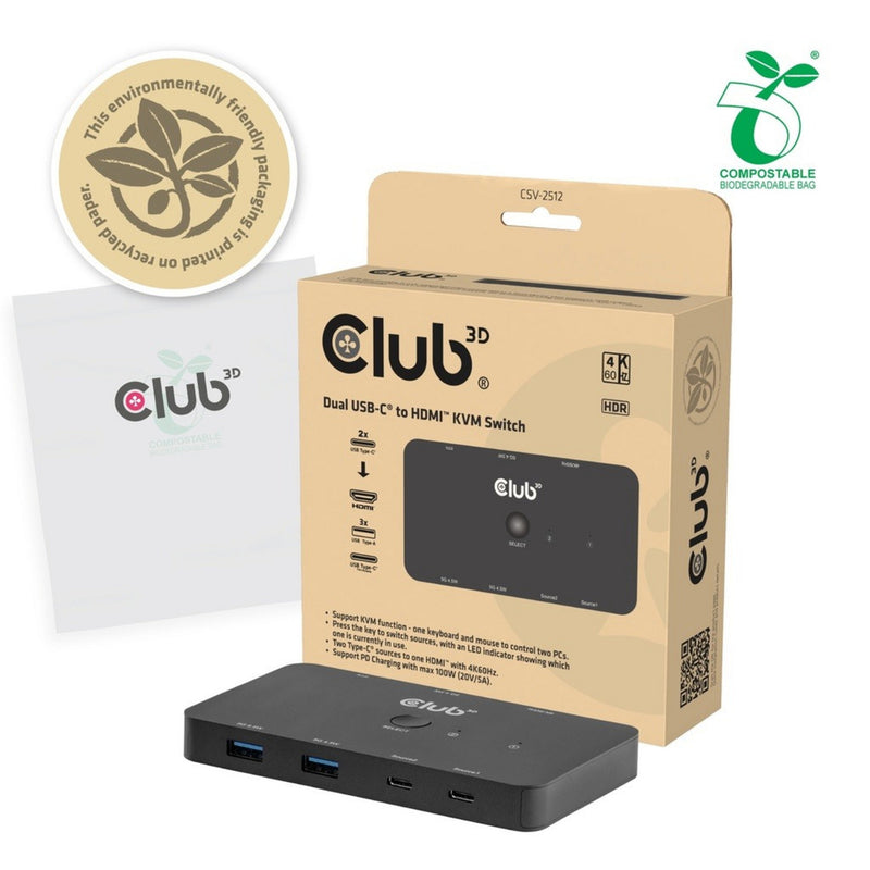 Laden Sie das Bild in Galerie -Viewer, Club 3d csv-2512 kvm switch dual usb-c naar hdmi kvm-switch (zwart, 4k 60hz)