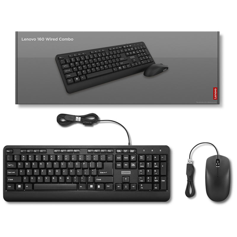 Afbeelding laden in galerijviewer, Lenovo 160 wired combo desktopset (zwart, us lay-out (qwerty), 100%, usb-a, 1.600 dpi)
