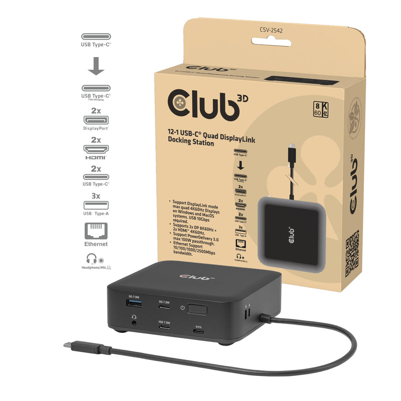 Laden Sie das Bild in Galerie -Viewer, Club 3d 12-1 usb-c® quad displaylink dockingstation (zwart)