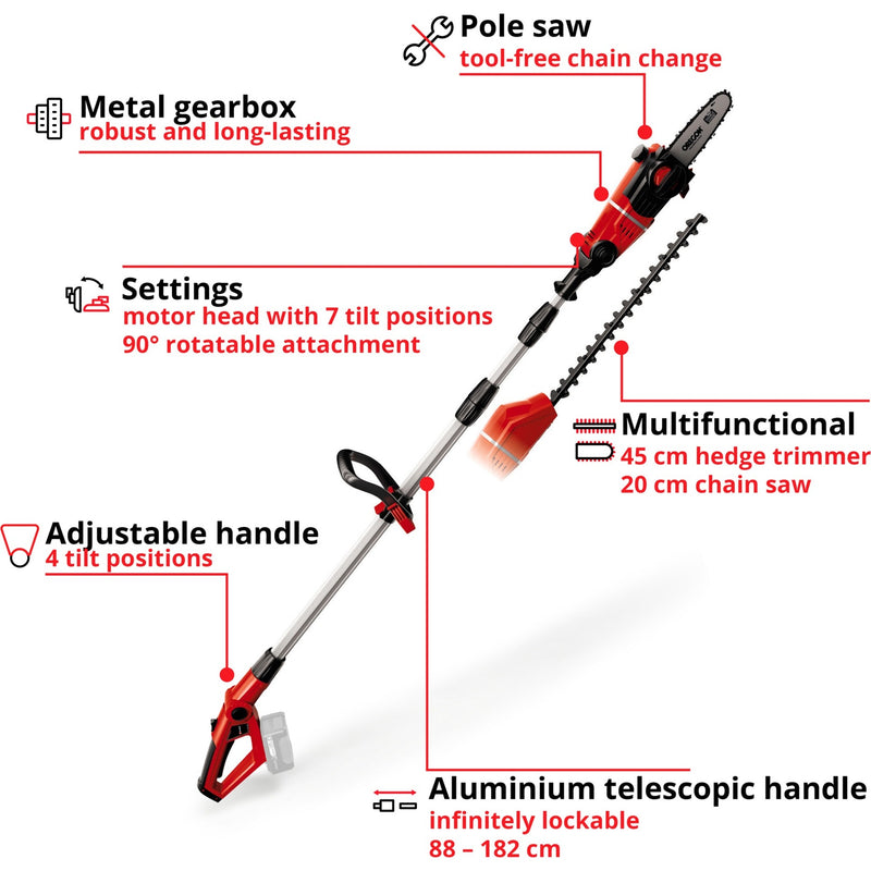 Load image into Gallery viewer, Einhell accu tuin-multitool ge-hc 18 li t solo stoksnoeizaag (rood, accu en oplader niet inbegrepen)