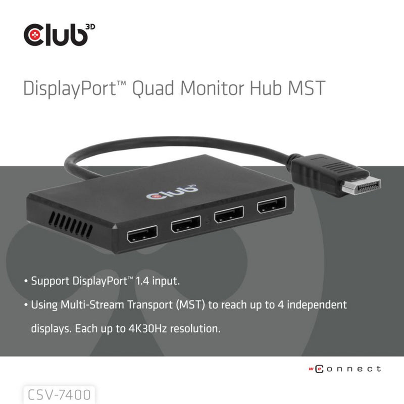 Laden Sie das Bild in Galerie -Viewer, Club 3d displayport quad monitor hub mst 4x 4k30hz displayport splitter (zwart)