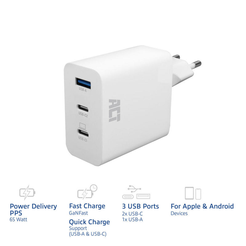 Load image into Gallery viewer, Act connectivity usb-c usb-a lader 65w 3-poorts met power delivery pps, quickcharge en ganfast (wit)