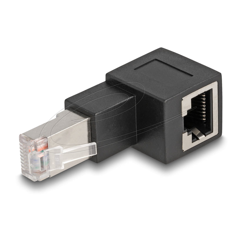 Load image into Gallery viewer, Delock rj45 plug to rj45 jack adapter cat.6a 90° upwards angled (zwart)