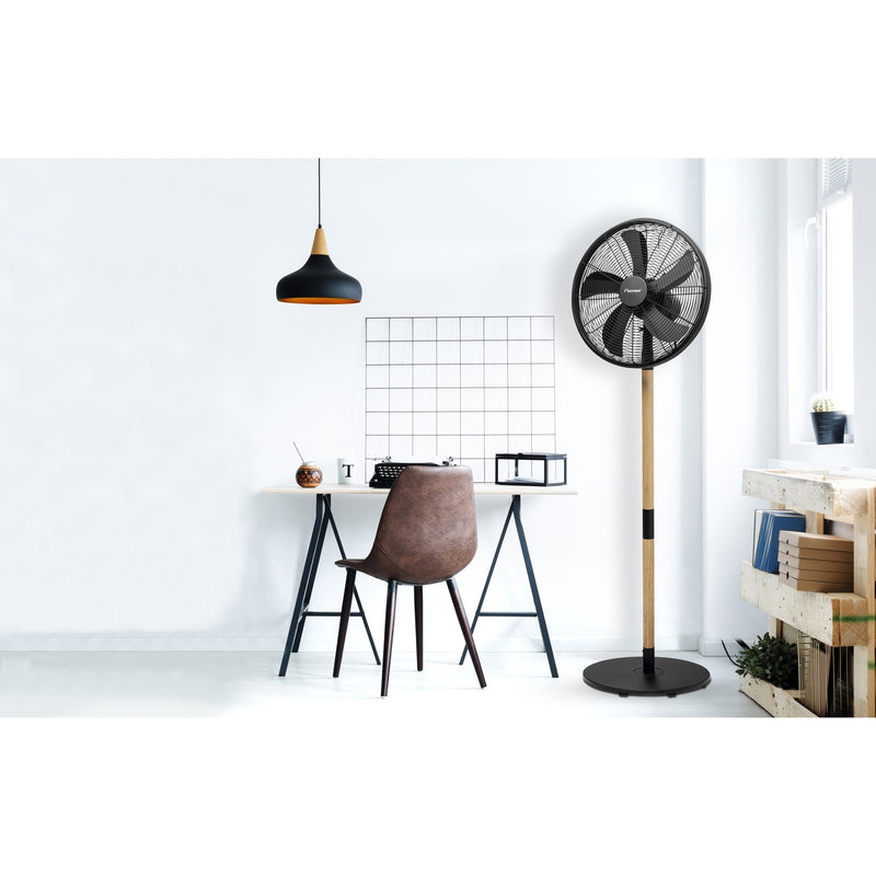 Load image into Gallery viewer, Bestron dfs45wb design statiefventilator (zwart houtkleur, ø 45 cm | stijlvol hout desgin)
