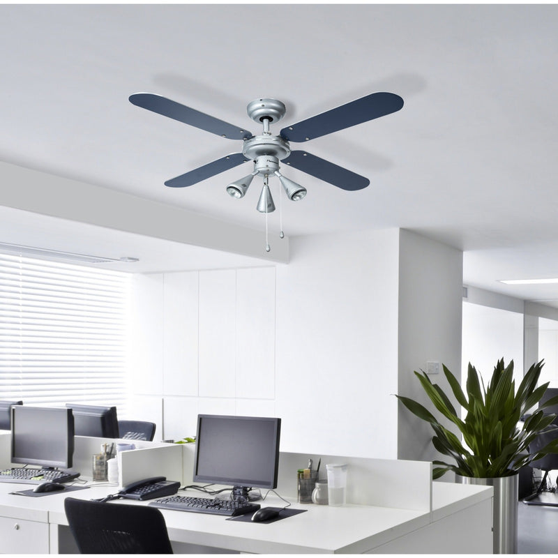 Load image into Gallery viewer, Bestron dlhb42s plafondventilator met verlichting (zilver donkerblauw, ø 102 cm | met zomer- winterfunctie | 3x gu10 ledlampjes)