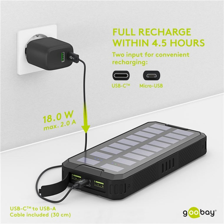 Load image into Gallery viewer, Goobay outdoor solar power bank 20,000 mah with power delivery powerbank (zwart)
