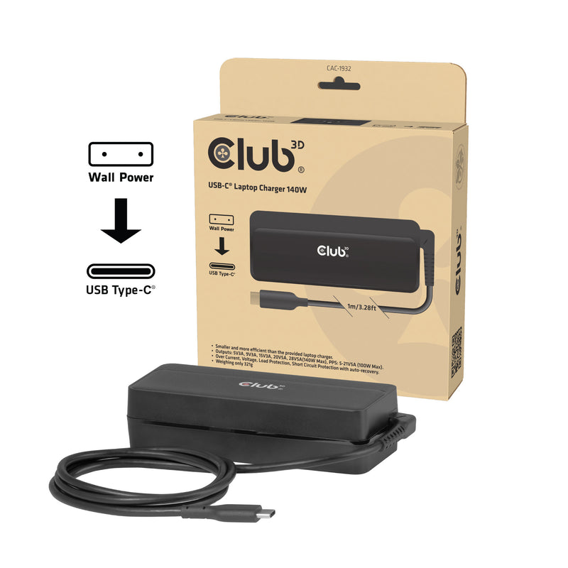 Afbeelding laden in galerijviewer, Club 3d usb-c laptop charger 140w, 1 meter (zwart)