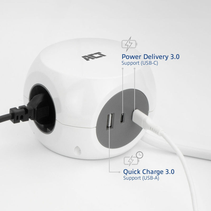 Load image into Gallery viewer, Act connectivity stekkerdoos kubus met 3 stopcontacten, 30w power delivery usb-c a poorten, kabellengte 1,5m stekkerdoos (wit, type f)