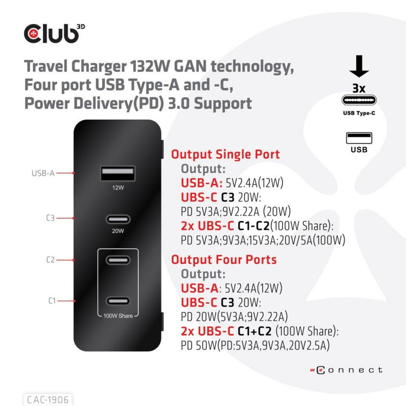 Load image into Gallery viewer, Club 3d travel charger 132w gan technology, four port usb type-a and -c (zwart, power delivery(pd) 3.0)