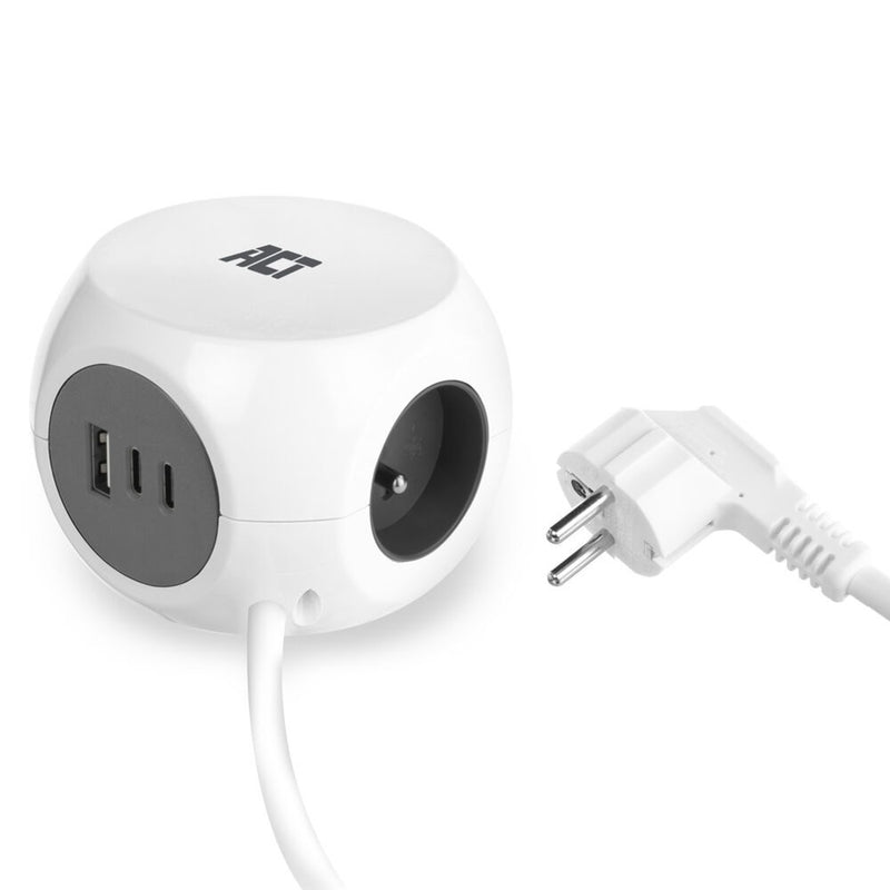 Load image into Gallery viewer, Act connectivity stekkerdoos kubus met 3 stopcontacten, 30w power delivery usb-c a poorten, kabellengte 1,5m stekkerdoos (wit, type e)