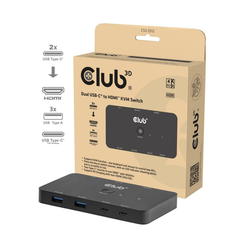 Laden Sie das Bild in Galerie -Viewer, Club 3d csv-2512 kvm switch dual usb-c naar hdmi kvm-switch (zwart, 4k 60hz)