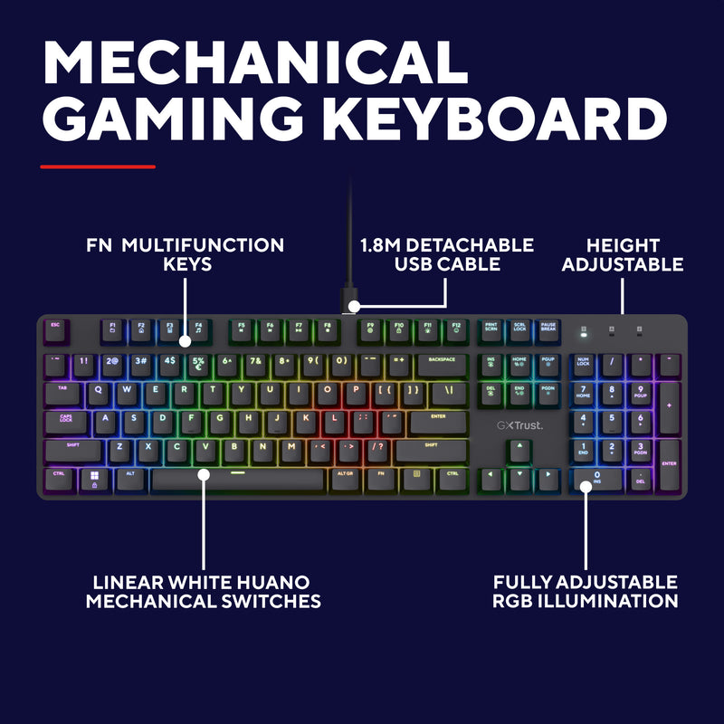 Load image into Gallery viewer, Trust gxt 871 zora mechanisch gaming toetsenbord (zwart, us lay-out (qwerty), huano red, 100%, rgb)