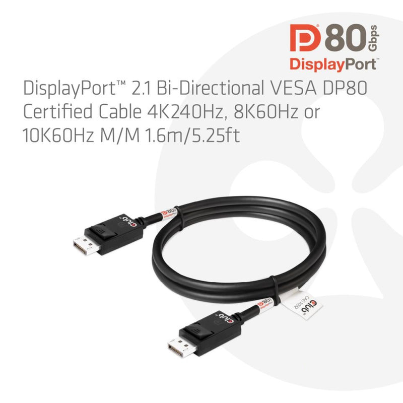Load image into Gallery viewer, Club 3d displayport 2.1 vesa dp80 gecertificeerde kabel male-male (zwart, 1,6 meter, 8k 240hz, 10k 60hz, 80gbps)