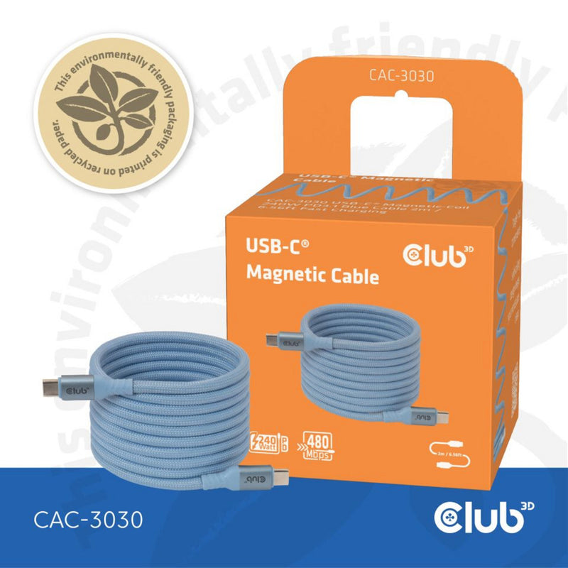 Afbeelding laden in galerijviewer, Club 3d usb-c magnetic-coil 240w pd3.1 blue cable, 2 meter kabel (blauw)