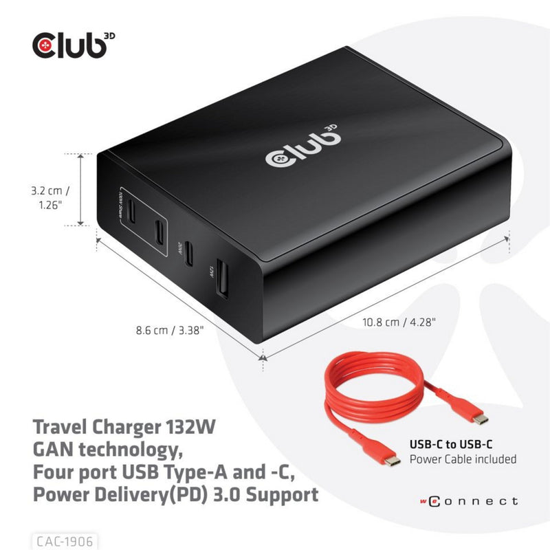 Load image into Gallery viewer, Club 3d travel charger 132w gan technology, four port usb type-a and -c (zwart, power delivery(pd) 3.0)