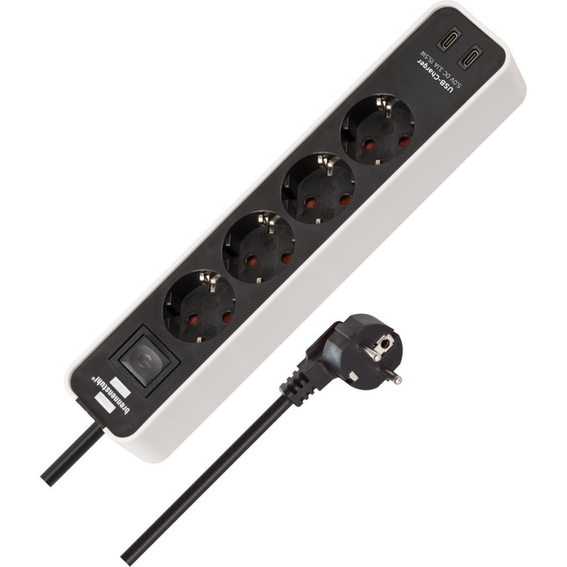 Load image into Gallery viewer, Brennenstuhl ecolor 4-voudige stekkerdoos met 2 usb-laadaansluitingen stekkerdoos (wit zwart, 2x usb-c)
