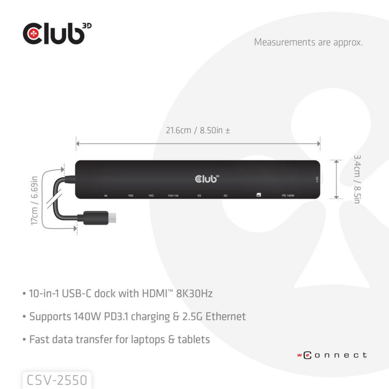 Laden Sie das Bild in Galerie -Viewer, Club 3d 10-1 portable dock usb type-c 10gbps to hdmi 8k30hz pd3.1 max.140 watt dockingstation (zwart, hdmi, usb-c, lan)