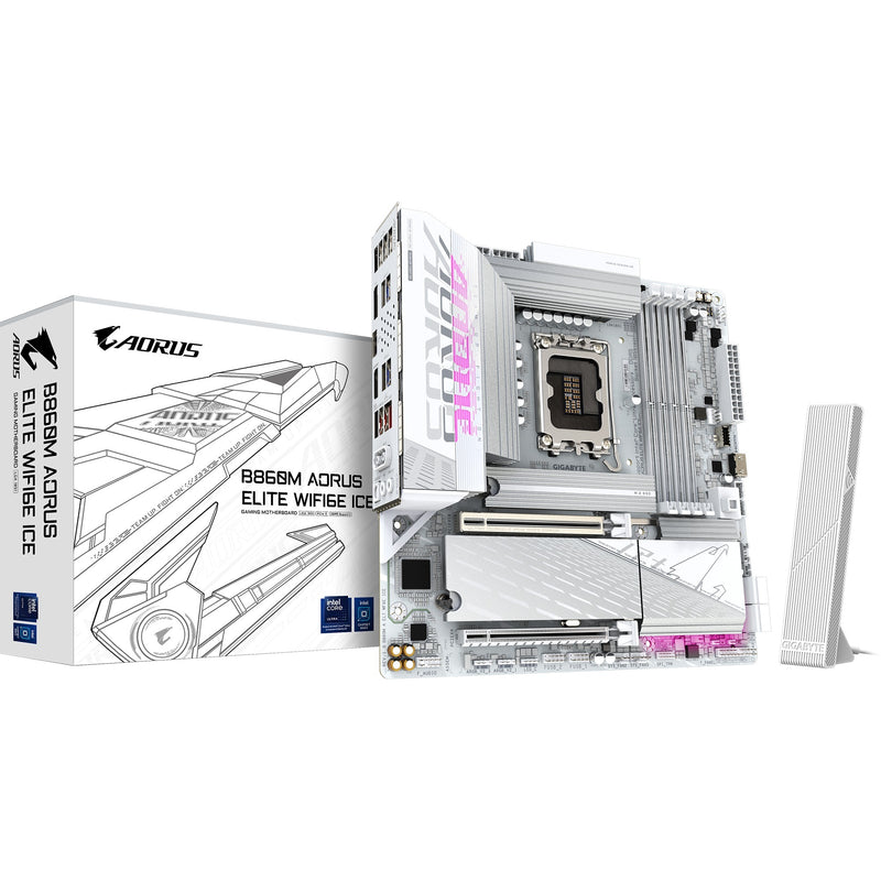 Load image into Gallery viewer, Gigabyte b860m aorus elite wifi6e ice socket 1851 moederbord (zilver wit, raid, 2.5gb-lan, wi-fi 7, bt, sound, µatx)