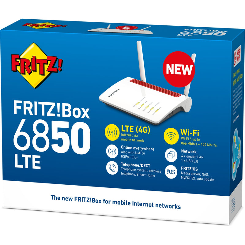 Load image into Gallery viewer, Fritz! box 6850 lte international wlan lte router (wit rood, 4g (lte), 3g 3g+ (umts hspa+), mesh wi-fi)