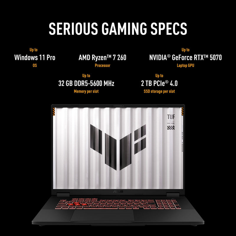 ギャラリービューアに画像をロードする, Asus tuf gaming a18 fa808um-s8112w 18 gaming laptop (zwart grijs | ryzen 7 260 | rtx 5060 | 16 gb | 1 tb ssd)