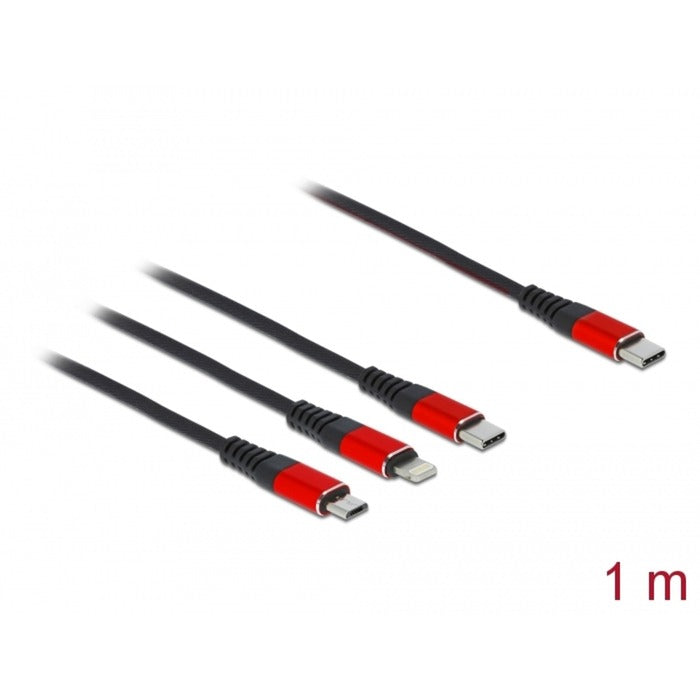 Load image into Gallery viewer, Delock usb-oplaadkabel 3-in-1 usb-c naar lightning + micro usb + usb-c (zwart rood, 1 meter)