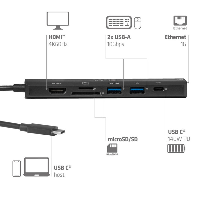 ギャラリービューアに画像をロードする, Club 3d csv-2555 7-1 usb-c naar hdmi hub (zwart, 4k60hz, pd3.1 140w, usb-a, usb-c, lan, microsd)