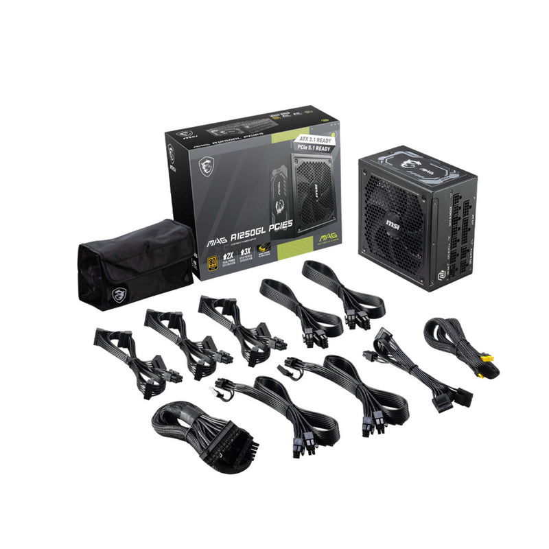Load image into Gallery viewer, Msi mag a1250gl pcie5 modulaire 1250 watt voeding (zwart, 1x 12v-2x6, 4x pcie)
