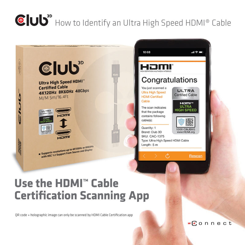 ギャラリービューアに画像をロードする, Club 3d gecertificeerde ultra high speed hdmi 2.1 kabel (zwart, 5 meter, 8k)