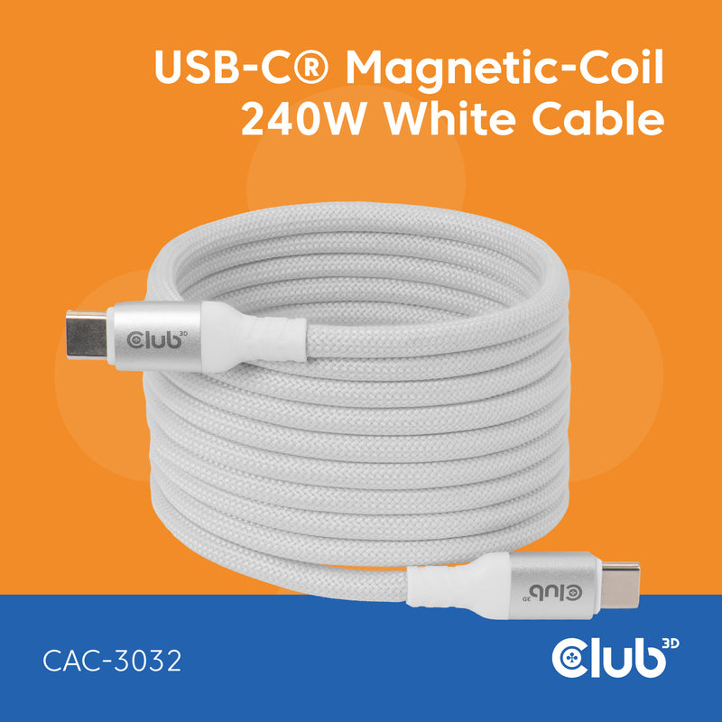 Cargue la imagen en el visor de la galería, Club 3d usb-c magnetic-coil 240w pd3.1 white cable, 2 meter kabel (wit)