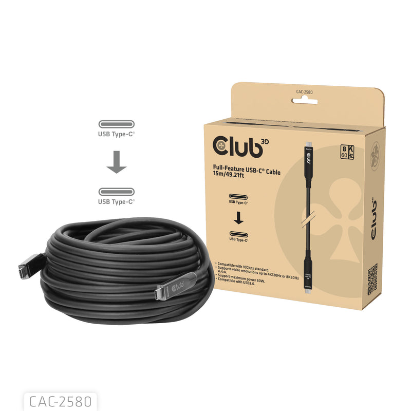 Afbeelding laden in galerijviewer, Club 3d full-feature usb-c kabel, 15m (zwart, 8k60hz 10gbps 60w)
