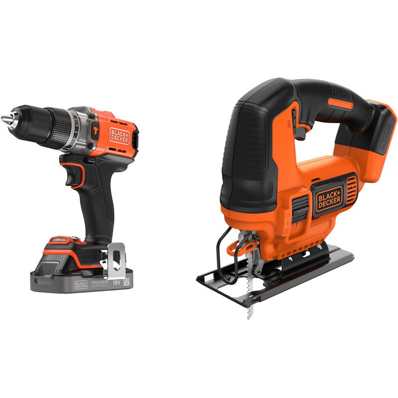 Afbeelding laden in galerijviewer, Black+decker 18v schroefklopboormachine + 18v pendeldecoupeerzaag bundel (zwart oranje)