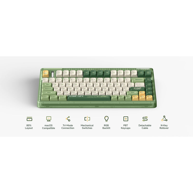 Chargez l'image dans la visionneuse de la galerie, Iqunix og80 camping wireless mechanical keyboard (groen, us lay-out (qwerty), cherry mx red, 80% (tkl), rgb leds, hot-swappable, pbt, 2.4ghz | bluetooth 5.1 | usb-c)