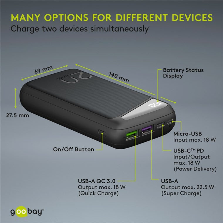 Load image into Gallery viewer, Goobay quick charge powerbank 20.000 mah - 74 wh (zwart, usb-c pd, qc 3.0)