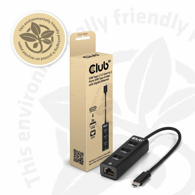 Afbeelding laden in galerijviewer, Club 3d usb-c 5 gbps naar 3 poorten usb type-a-hub met gigabit ethernet adapter (zwart)