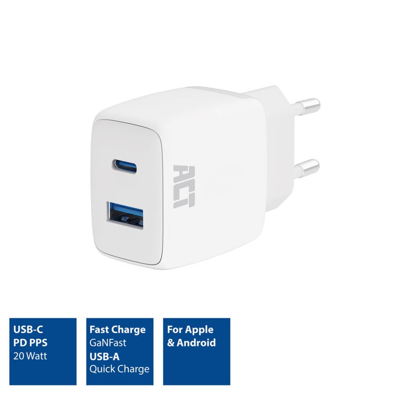 Load image into Gallery viewer, Act connectivity usb-c usb-a lader 20w met power delivery pps, quick charge, ganfast oplader (wit)