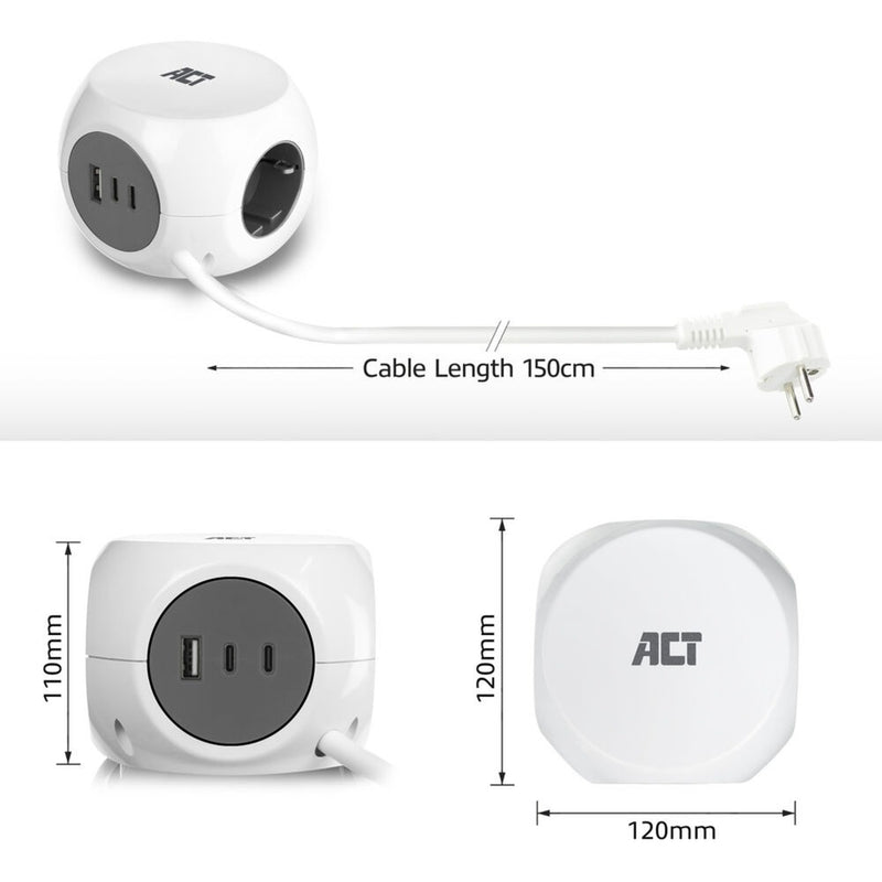 Load image into Gallery viewer, Act connectivity stekkerdoos kubus met 3 stopcontacten, 30w power delivery usb-c a poorten, kabellengte 1,5m stekkerdoos (wit, type f)