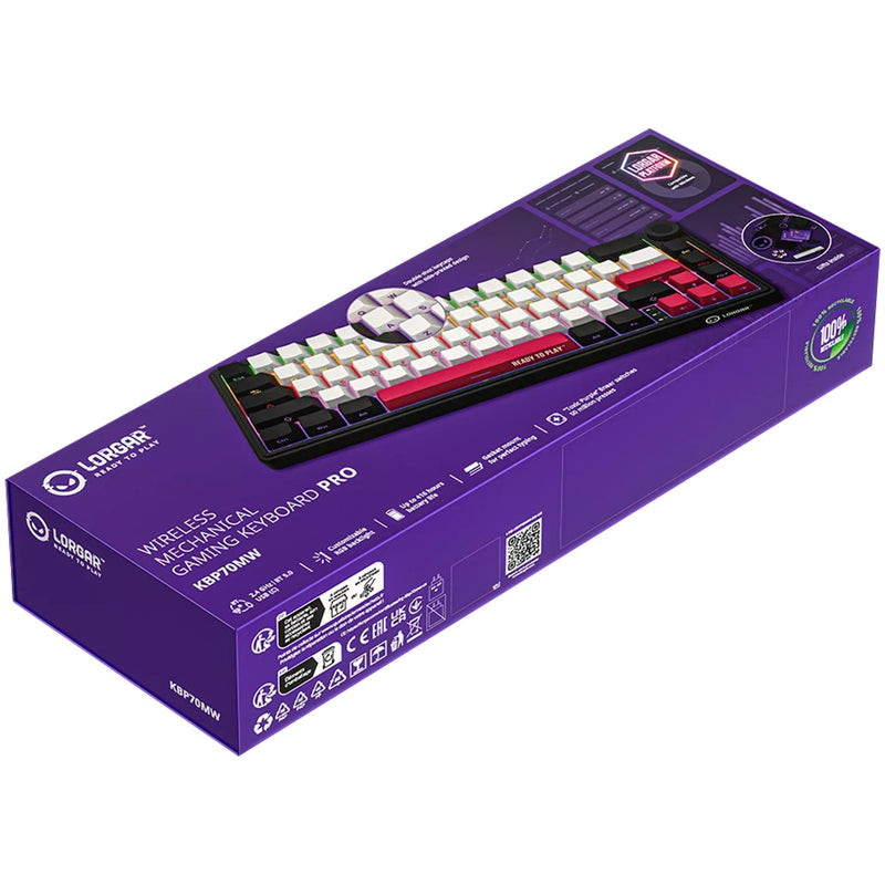 Afbeelding laden in galerijviewer, Lorgar kbp70mw rgb mechanisch gaming toetsenbord (zwart, us lay-out (qwerty), logar toxic purple, 65%, rgb, hot-swappable, pbt double-shot, bluetooth | 2.4ghz | usb)