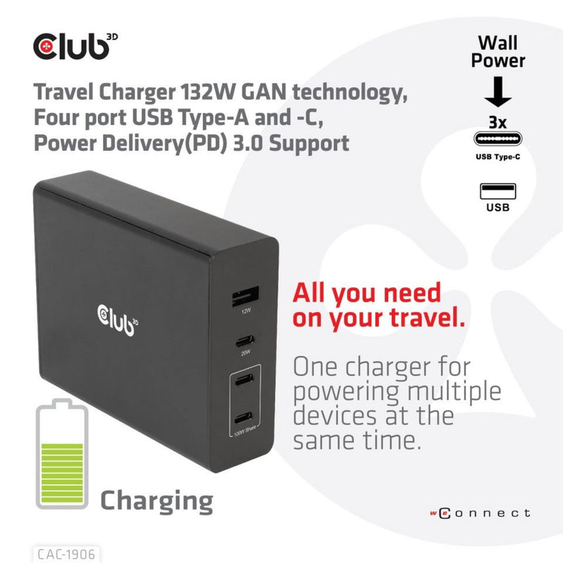 Load image into Gallery viewer, Club 3d travel charger 132w gan technology, four port usb type-a and -c (zwart, power delivery(pd) 3.0)