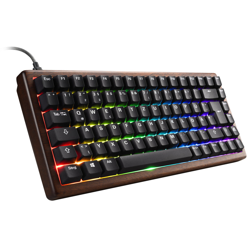 Afbeelding laden in galerijviewer, Sharkoon skiller sgk50 s3 wood pbt rgb mechanisch gaming toetsenbord (houtkleur, us lay-out (qwerty), gateron g pro 3.0 yellow, 75%, rgb leds)