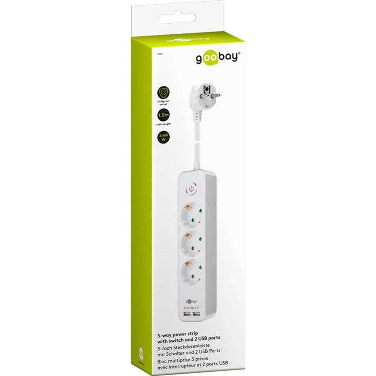 Afbeelding laden in galerijviewer, Goobay 3-weg stekkerdoos met schakelaar en usb stekkerdoos (wit, kabel 1.5 meter, 2x usb-a)