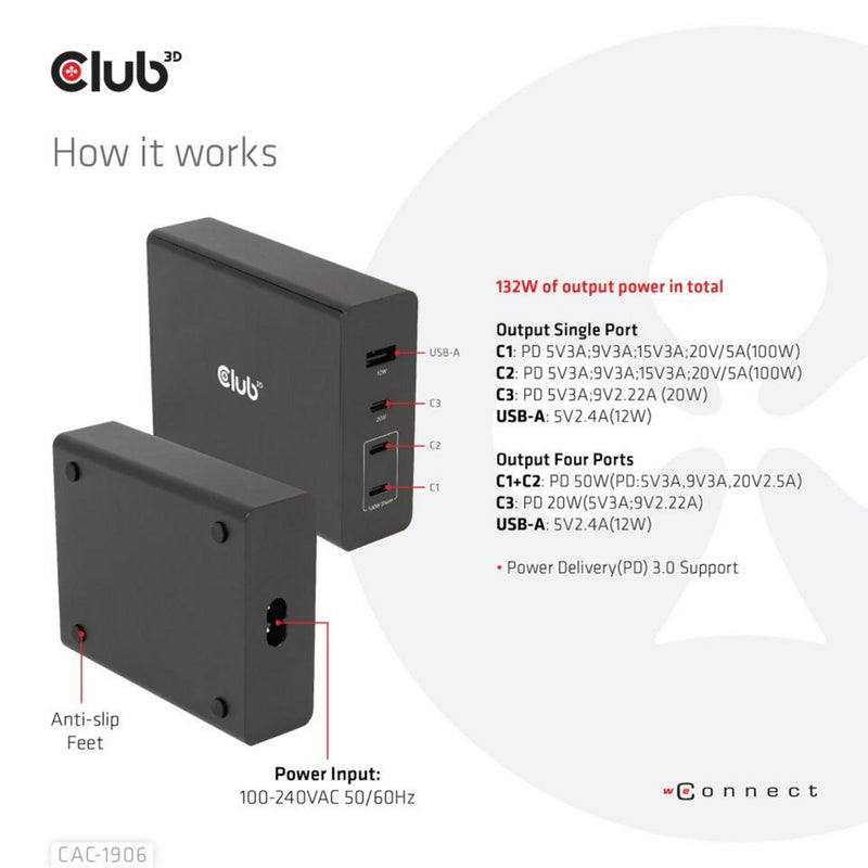 Load image into Gallery viewer, Club 3d travel charger 132w gan technology, four port usb type-a and -c (zwart, power delivery(pd) 3.0)
