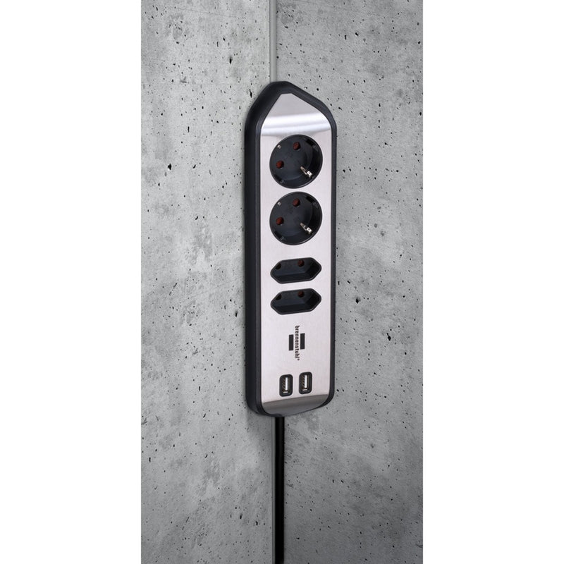 Load image into Gallery viewer, Brennenstuhl estilo hoekstekkerdoos 4-voudig stekkerdoos (zwart roestvrij staal, 2x usb)