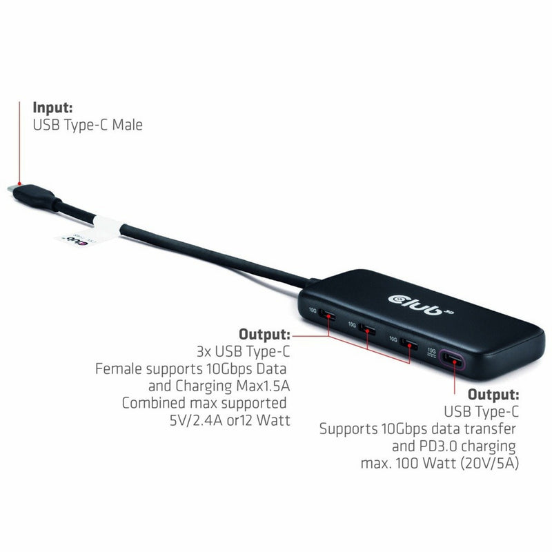 Afbeelding laden in galerijviewer, Club 3d usb-c 4-poorts 10g-datahub met pd3.0 usb-hub (zwart)