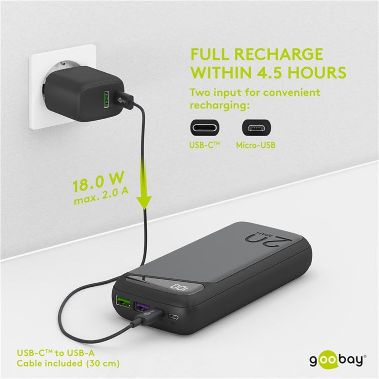 Load image into Gallery viewer, Goobay quick charge powerbank 20.000 mah - 74 wh (zwart, usb-c pd, qc 3.0)
