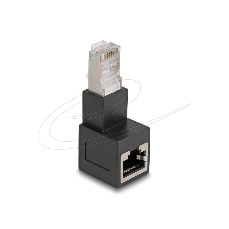 Load image into Gallery viewer, Delock rj45 plug to rj45 jack adapter cat.6a 90° downwards angled (zwart)