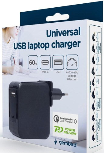 Laden Sie das Bild in Galerie -Viewer, Enzo gembird usb-c snellader-laptopvoeding 60w usb + usb-c zwart - 9550195