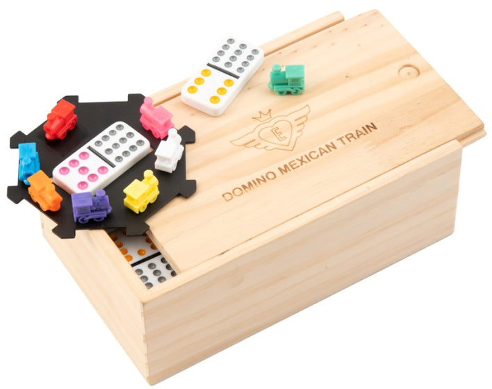 Load image into Gallery viewer, Longfield games Mexican Train Dominospel Dubbel 12 Houten Kist