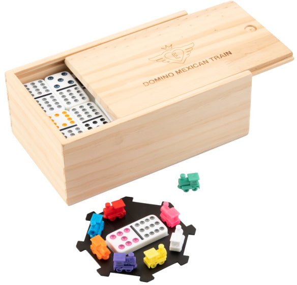 Load image into Gallery viewer, Longfield games Mexican Train Dominospel Dubbel 12 Houten Kist