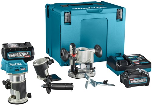 Afbeelding laden in galerijviewer, Makita rt001gm205 boven- en kantenfrees | 40 v max | 2 x 4.0 ah accu + snellader | incl. diverse voeten | in mbox rt001gm205